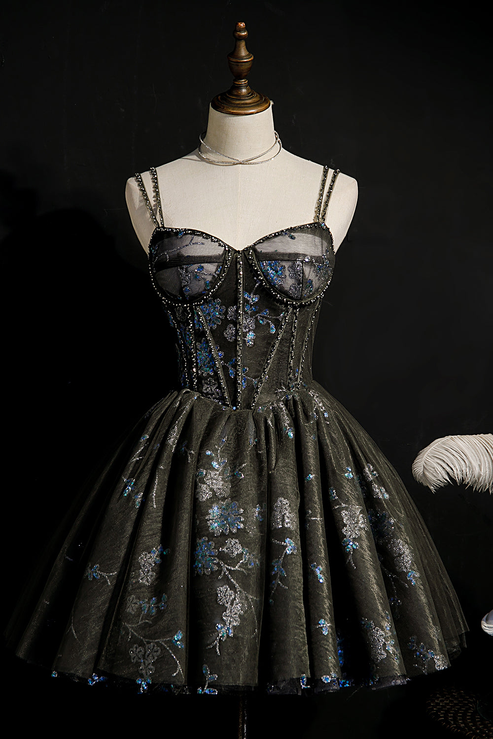 Dark Grey Sequins Lace Up Ball Gown Tulle Homecoming Dress