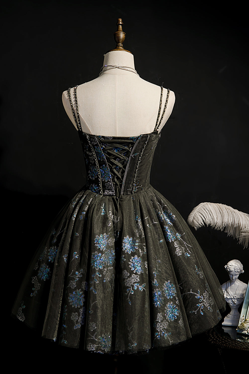 Dark Grey Sequins Lace Up Ball Gown Tulle Homecoming Dress