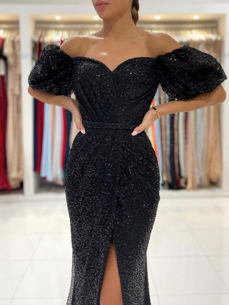 Black Off the Shoulder Mermaid Sequined Slit Formal Evening Dress Long Prom Dress