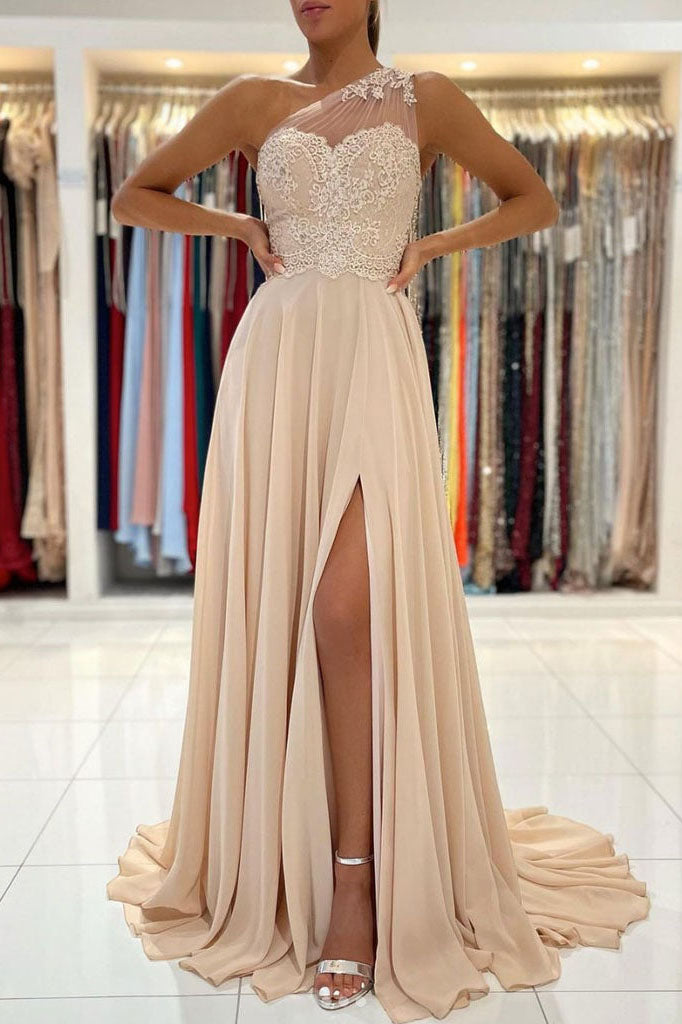 Champagne Chiffon A-Line One Shoulder Formal Evening Dress Appliques Prom Dress