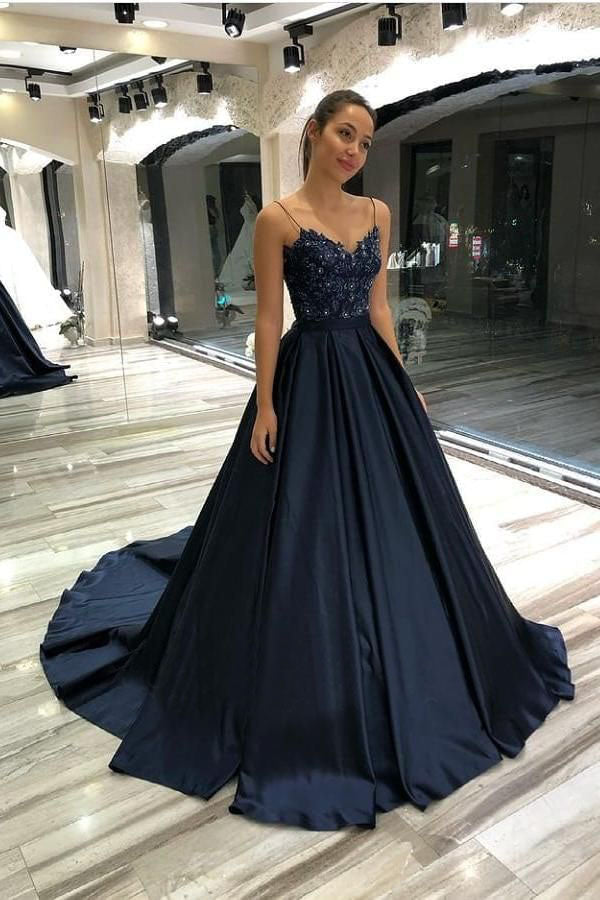 Spaghetti Straps Sweetheart Lace Dark Blue Long Princess Satin Prom Dresses
