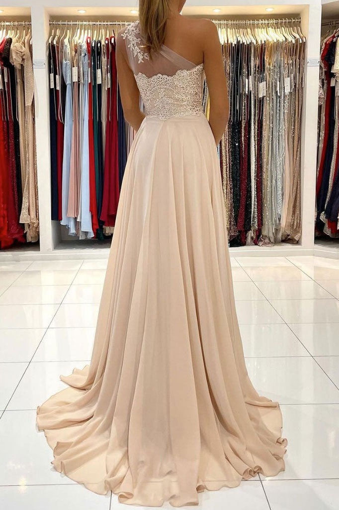 Champagne Chiffon A-Line One Shoulder Formal Evening Dress Appliques Prom Dress