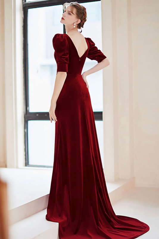 Burgundy V-neck Short Sleeve Velvet Mermaid Long Formal Prom Dress