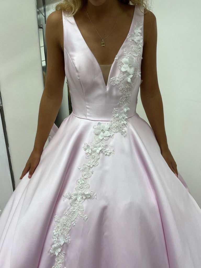 Light Pink Satin V-Neck Ball Gown Long Lace Appliques Evening Dress Prom Dress