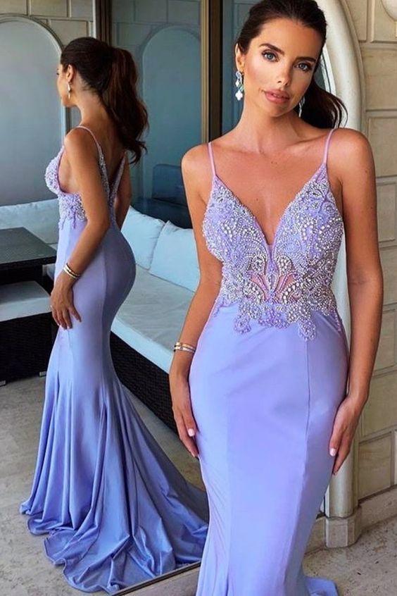 Lavender Mermaid Spaghetti Straps Beading Formal Evening Dress Prom Dress