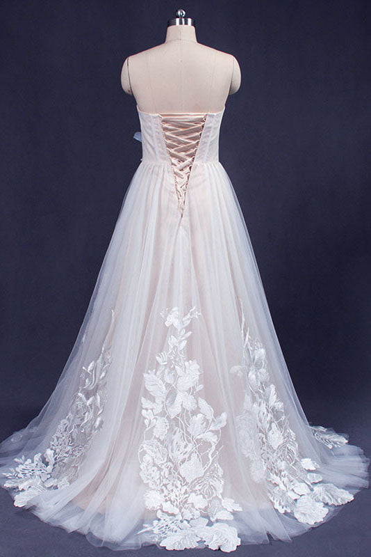 A Line Sweetheart Tulle Appliqued Wedding Dresses Strapless Tulle Bridal Dresses N2349