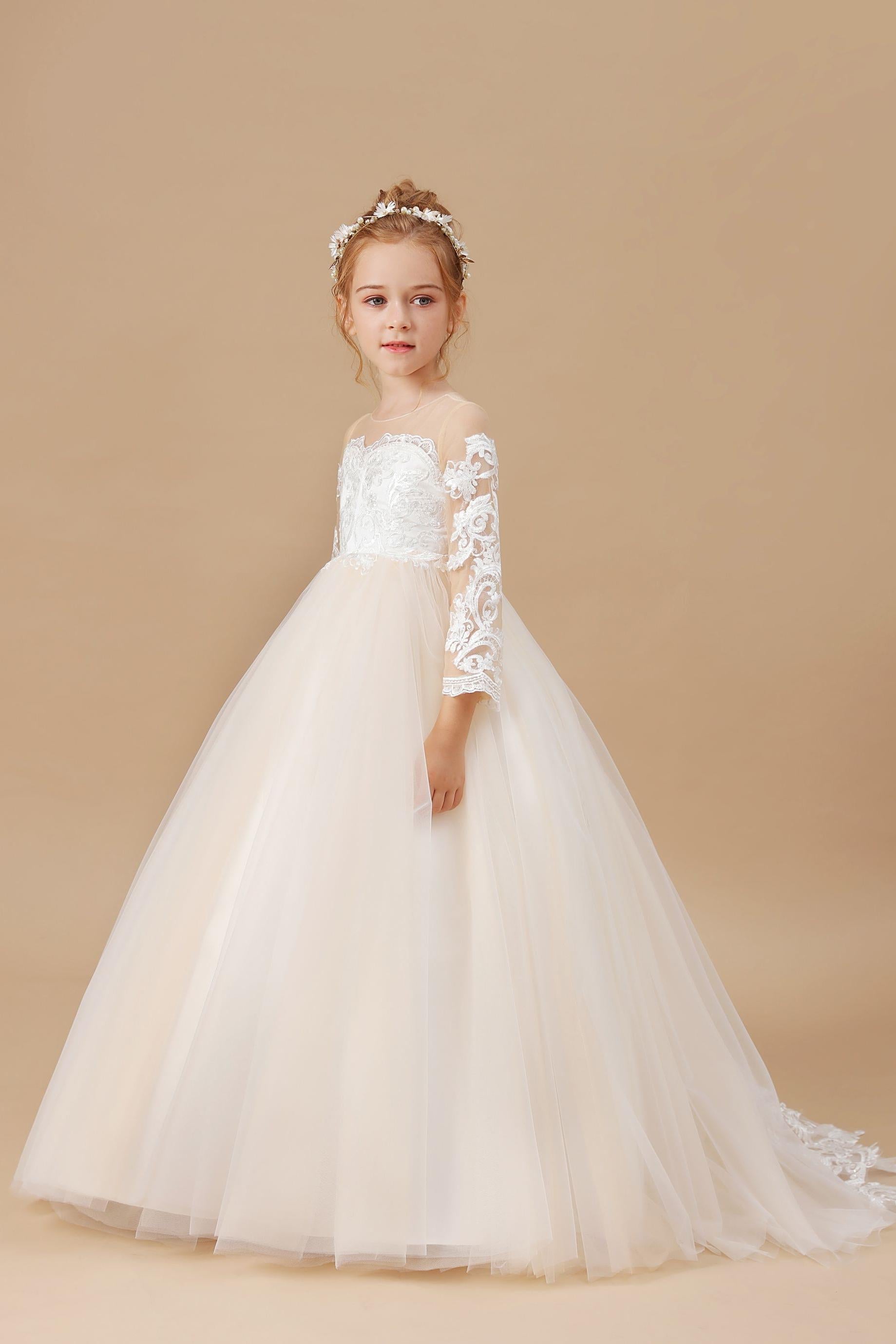 Floor Length Long Sleeves Lace Tulle Satin Flower Girl Dresses