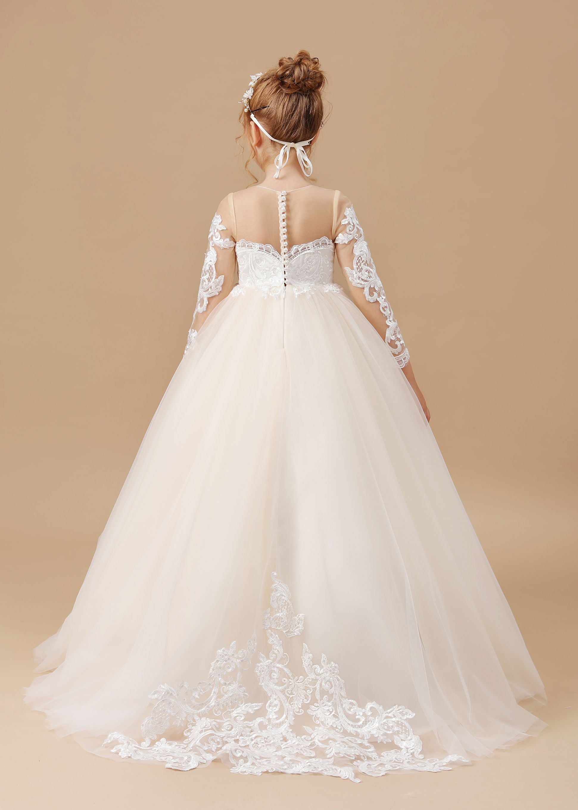 Floor Length Long Sleeves Lace Tulle Satin Flower Girl Dresses