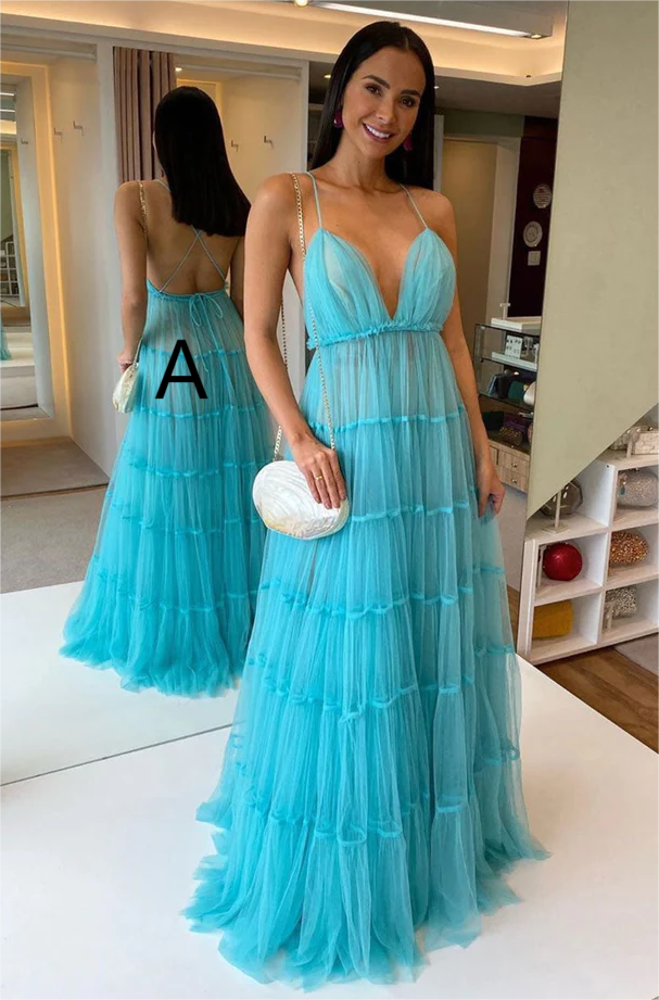 A Line Tulle Open Back Formal Prom Dress Graduation Dress PM201