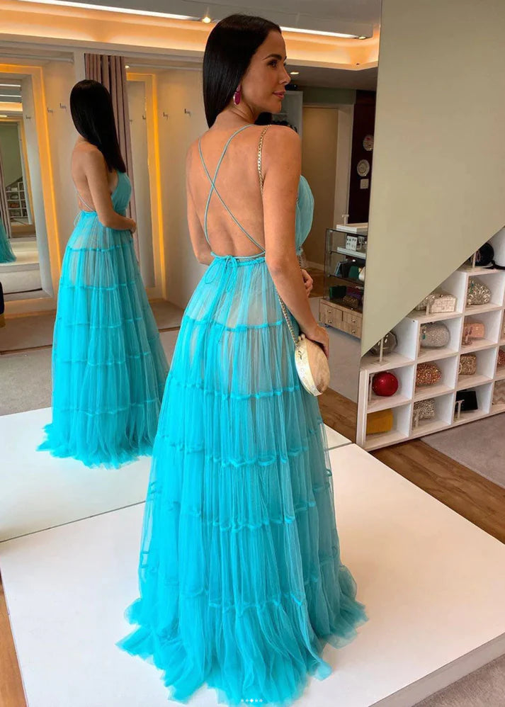 A Line Tulle Open Back Formal Prom Dress Graduation Dress PM201