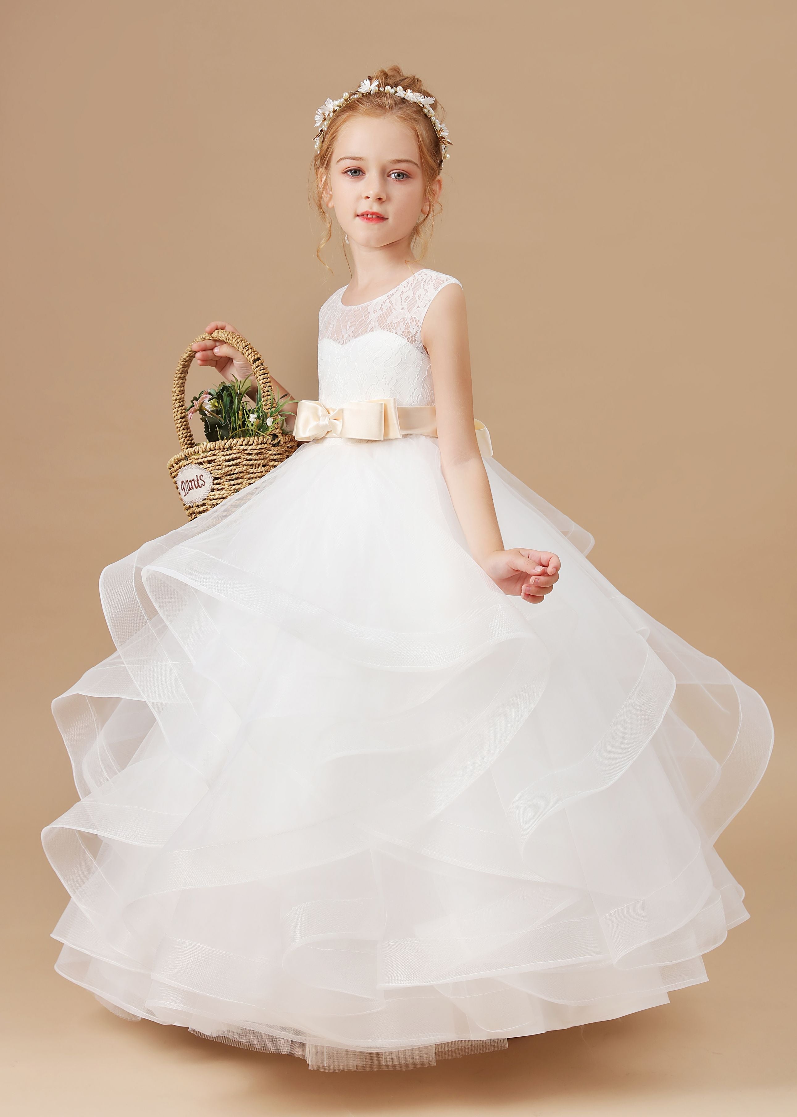 Ivory Multi-layered Tulle Ruffled Satin Flower Girl Dresses With Champagne Bow