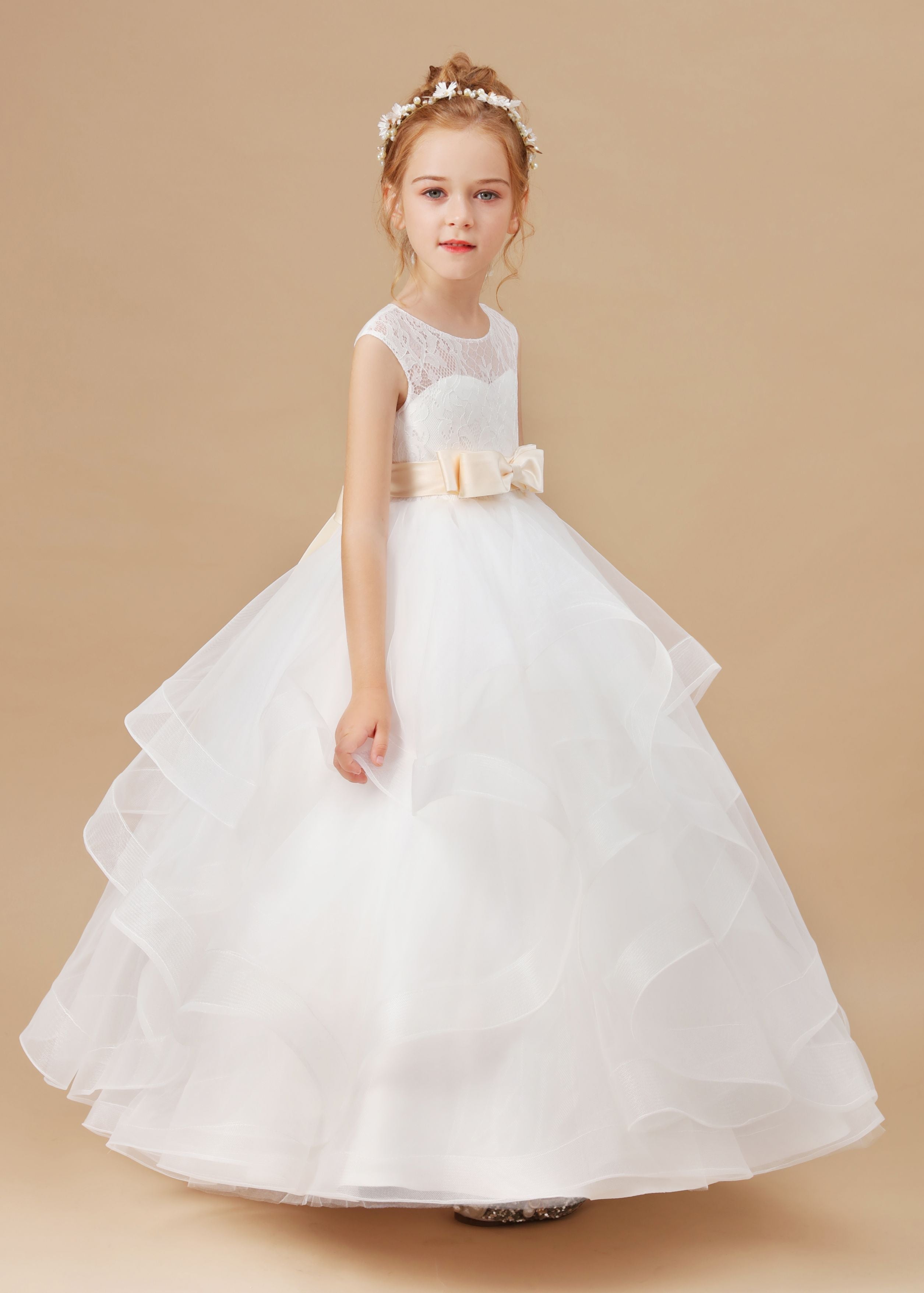 Ivory Multi-layered Tulle Ruffled Satin Flower Girl Dresses With Champagne Bow