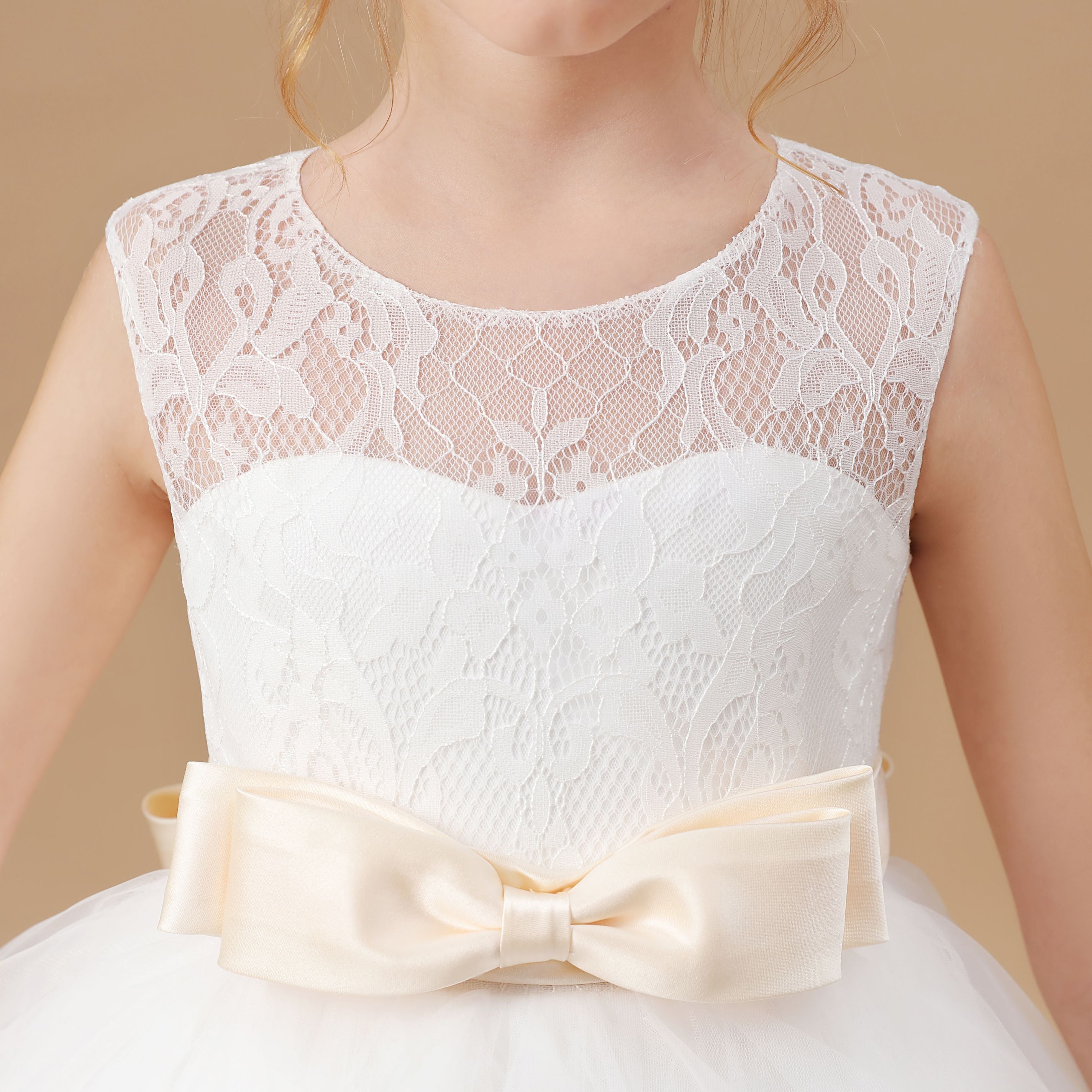 Ivory Multi-layered Tulle Ruffled Satin Flower Girl Dresses With Champagne Bow