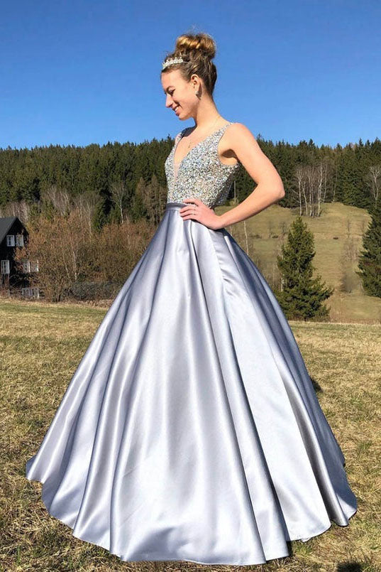 A Line Satin V-Neck Beading V Back Evening Dress Long Prom Dress