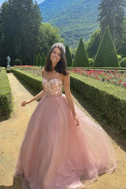 Pink Strapless A-Line Lace Top Tulle Formal Evening Dress Long Prom Dress