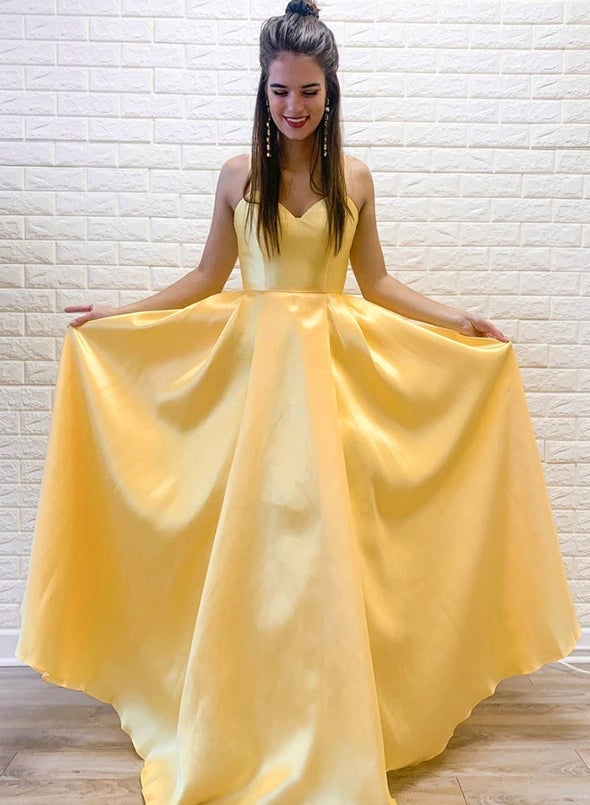 A Line Yellow Satin Spaghetti Straps Formal Evening Dress Long Prom Dress