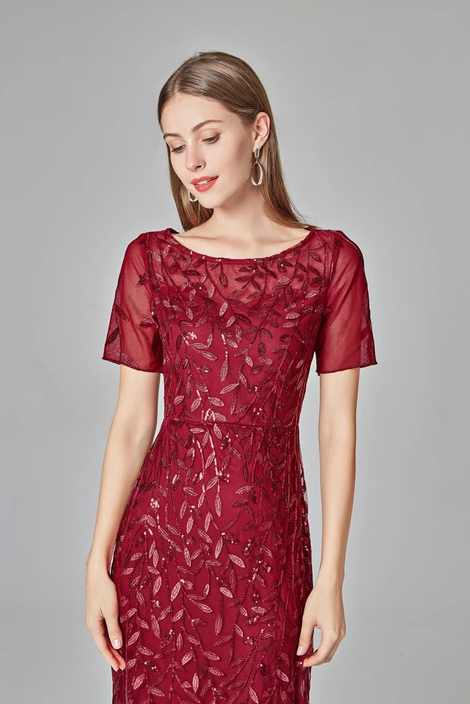 Elegant Mermaid Burgundy Tulle Prom Dresses Bateau Neck Long Evening Dresses XU90801