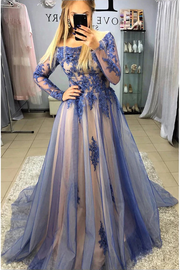 A Line Tulle Purple Long Sleeves Appliques Formal Evening Dress Long Prom Dress