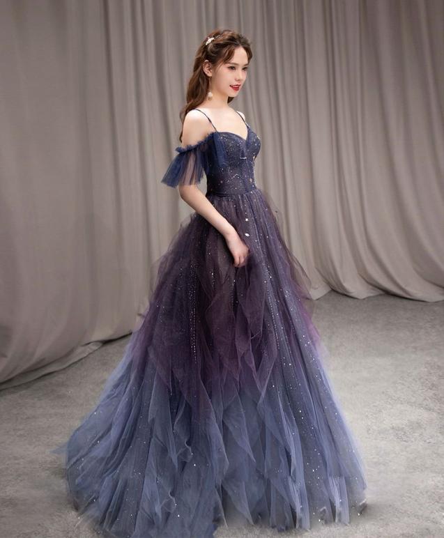 A Line Off The Shoulder Ombre Tulle Evening Dresses Long Prom Dresses