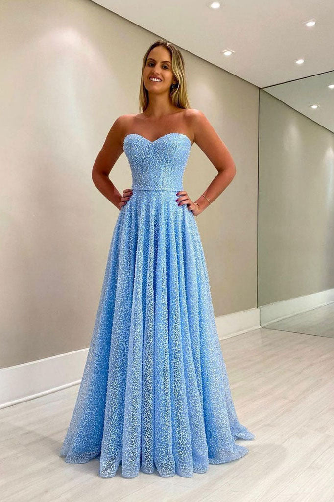 Sky Blue A-Line Lace Strapless Sweetheart Formal Evening Dress Long Prom Dress