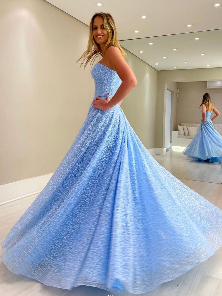 Sky Blue A-Line Lace Strapless Sweetheart Formal Evening Dress Long Prom Dress