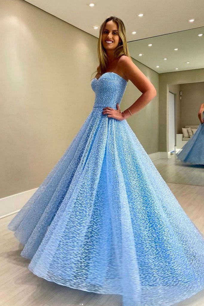 Sky Blue A-Line Lace Strapless Sweetheart Formal Evening Dress Long Prom Dress
