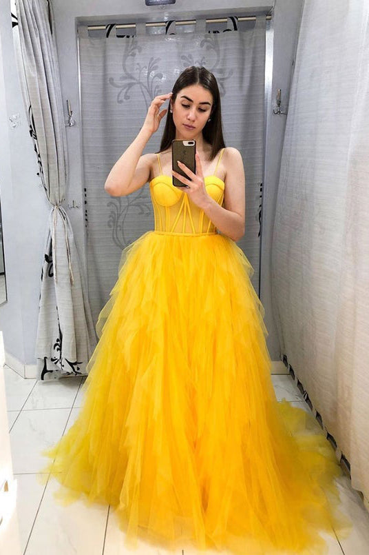 Tulle Spaghetti Straps Yellow Ruffles Evening Dress A-Line Long Prom Dress