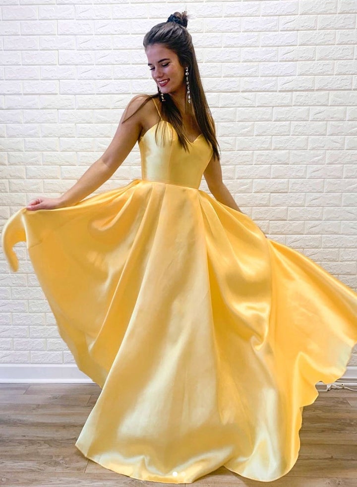 A Line Yellow Satin Spaghetti Straps Formal Evening Dress Long Prom Dress