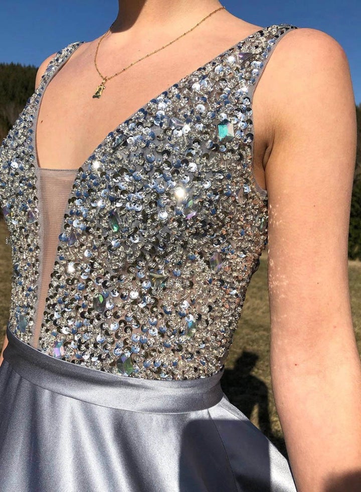 A Line Satin V-Neck Beading V Back Evening Dress Long Prom Dress
