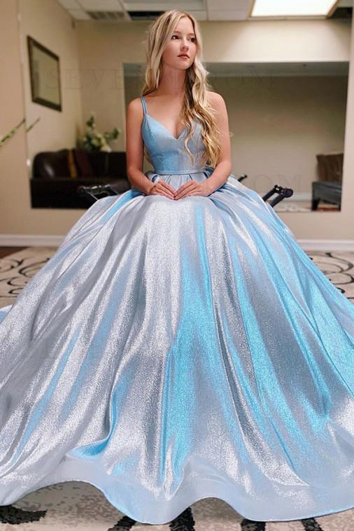 Shiny Sexy Spaghetti Straps V-Neck Floor Length Evening Dresses Long Prom Dresses