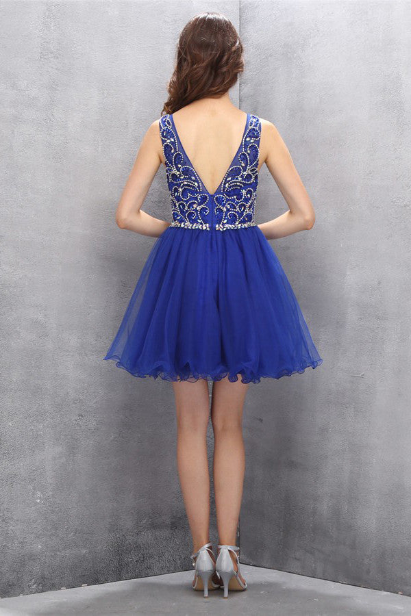 Royal Blue Organza Homecoming Prom Dresses With Beading ED74