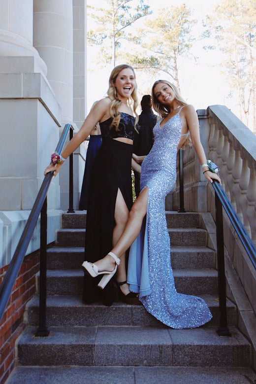 Glitter Blue V-Neck Cross Back Mermaid Sequin Evening Dress with Slit Prom Dress