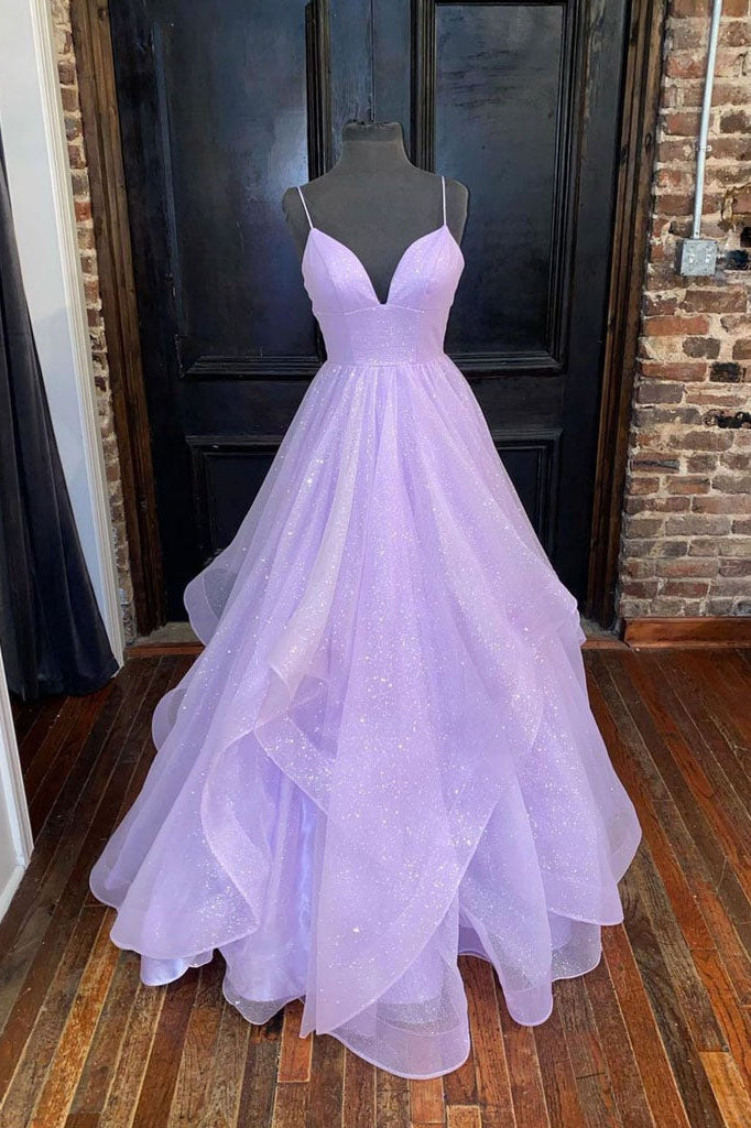 Lilac Spaghetti Straps Shiny A Line Formal Evening Dress Long Prom Dress