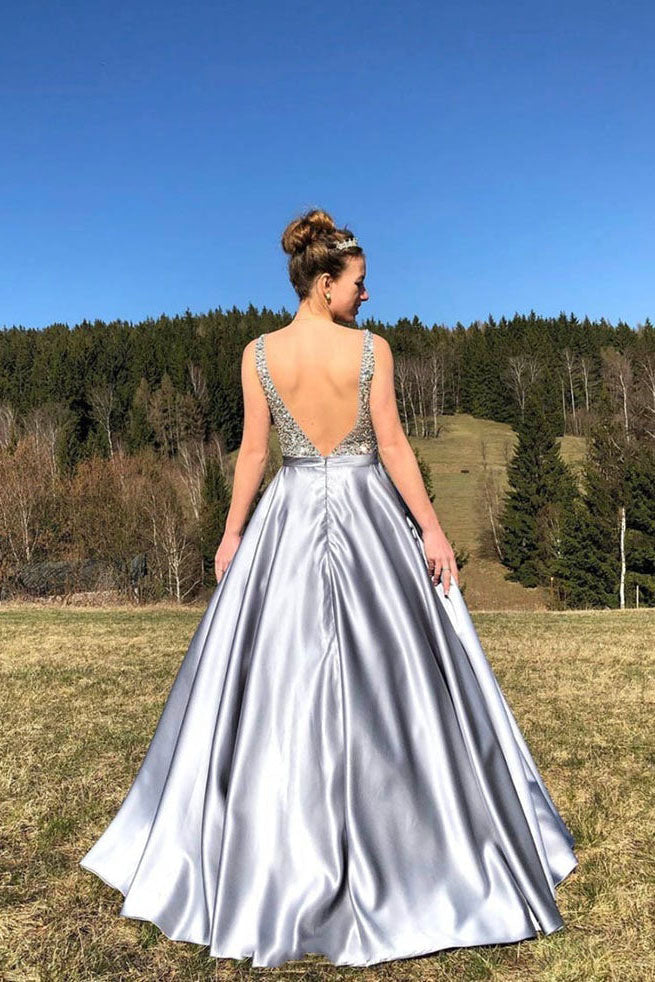 A Line Satin V-Neck Beading V Back Evening Dress Long Prom Dress