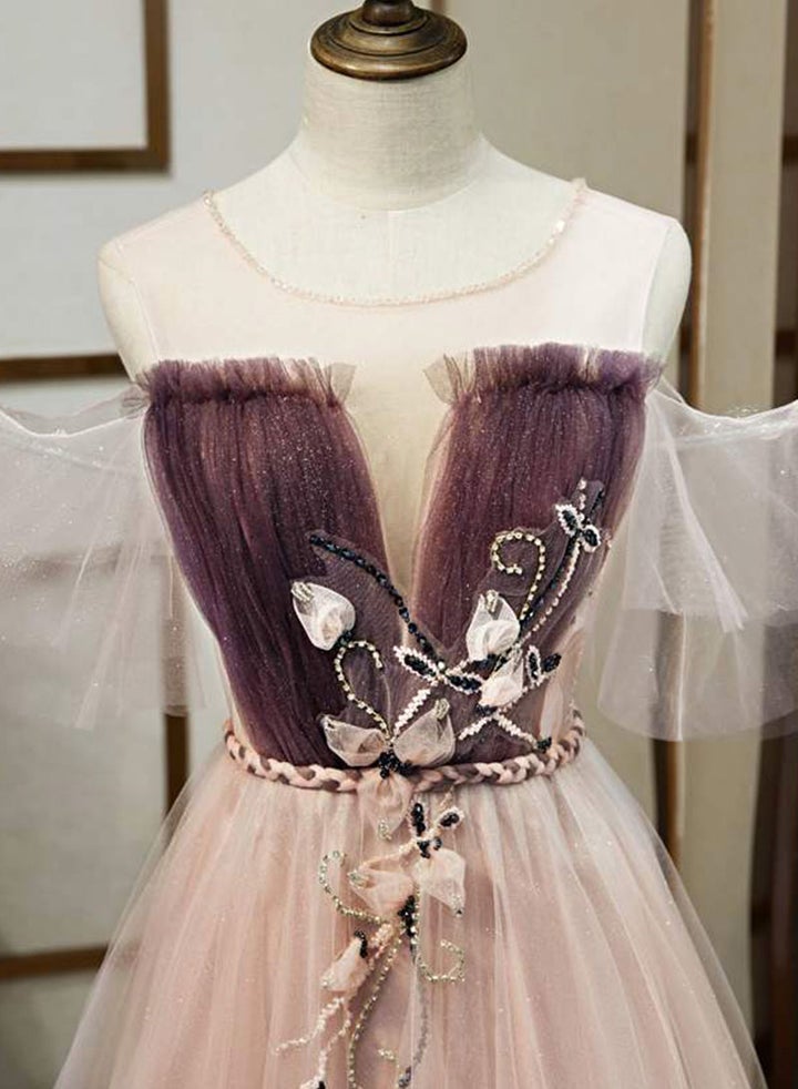 Unique A Line Tulle Formal Evening Dresses Applique Long Prom Dresses