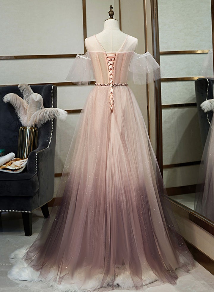 Unique A Line Tulle Formal Evening Dresses Applique Long Prom Dresses
