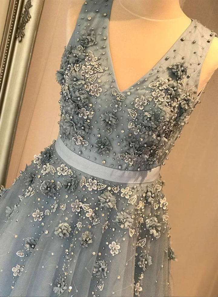 Blue Tulle Flowers Beadied Evening Dress A-Line V-Neck Long Prom Dress