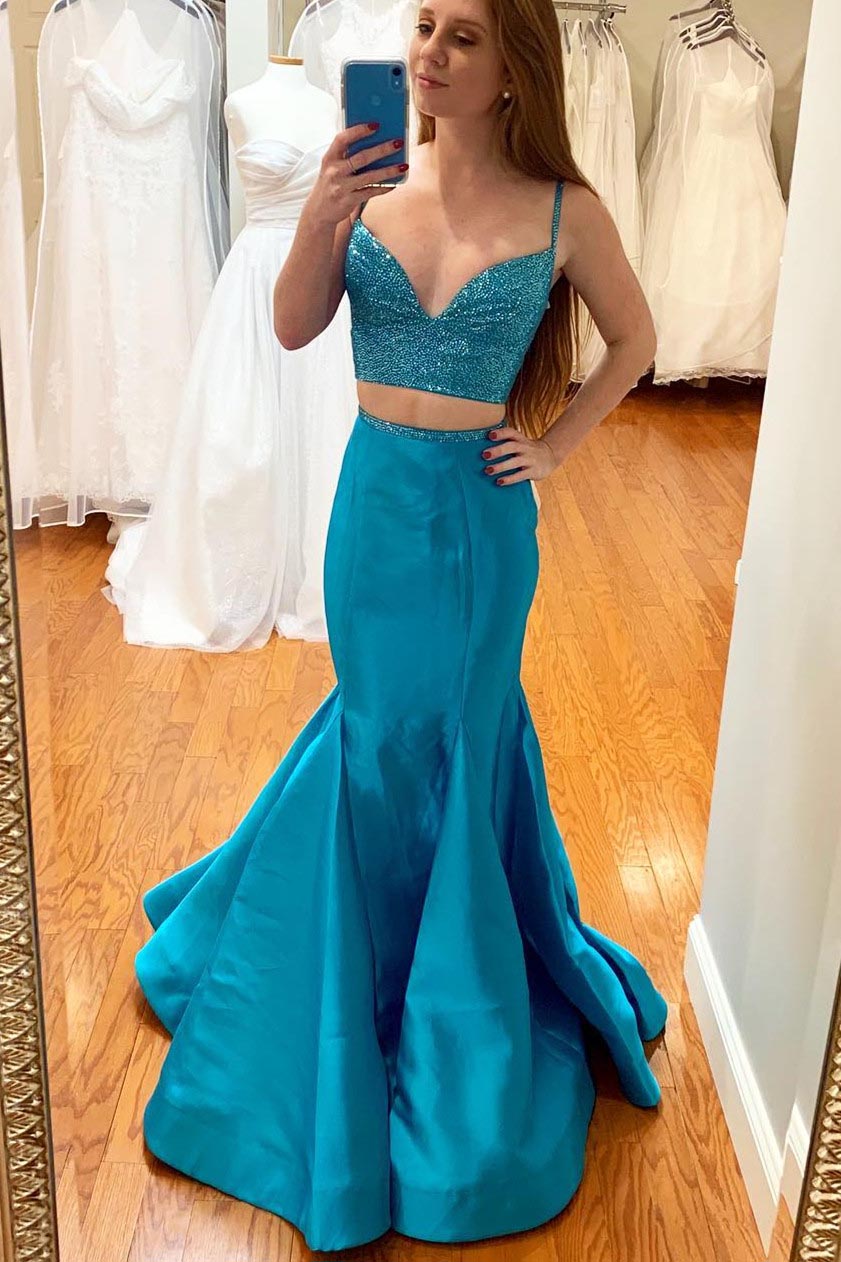 Two Piece Light Blue Mermaid Prom Dresses Spaghetti Strap Satin Formal Dresses N1572