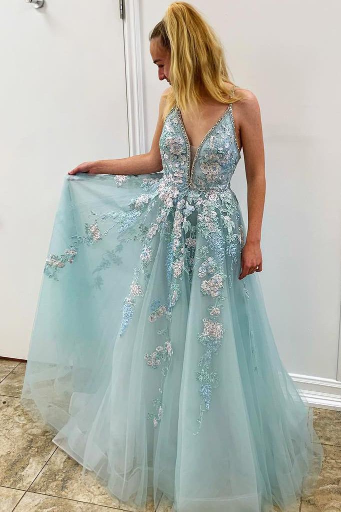 Spaghetti Straps Floral Appliques Long Prom Dresses With Beading