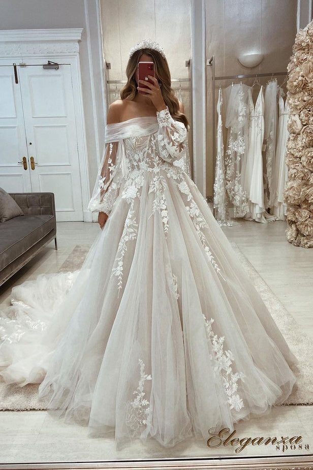 Tulle Shoulder Wedding Dress A Line Off The Shoulder Long Sleeve