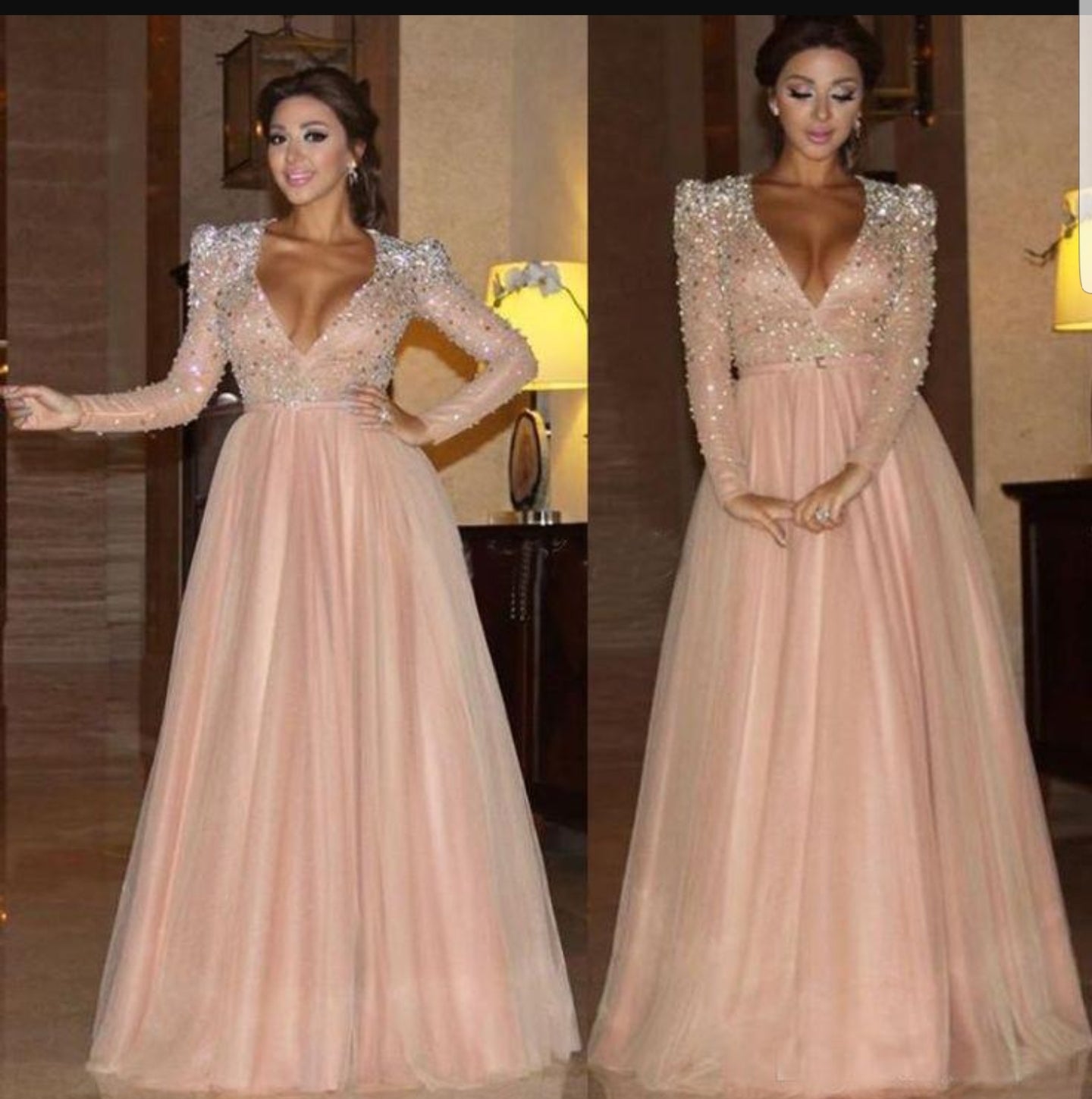 Long Sleeve Formal Dresses with Beads A Line Sparkle V Neck Evening Dresses N1096