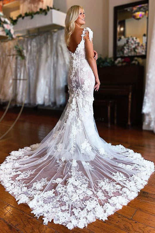 Mermaid V Neck Cap Sleeves Lace Flower Appliques Wedding Dresses N038