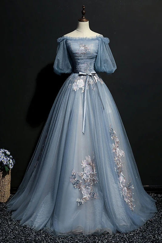 Puffy Off the Shoulder Half Sleeves Long Prom Dresses with Appliques Unique Evening Dresses N2675