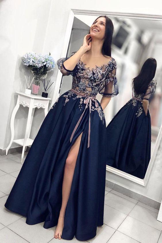 Dark Blue Lace Half Sleeves Slit Unique Appliques Long Prom Dresses