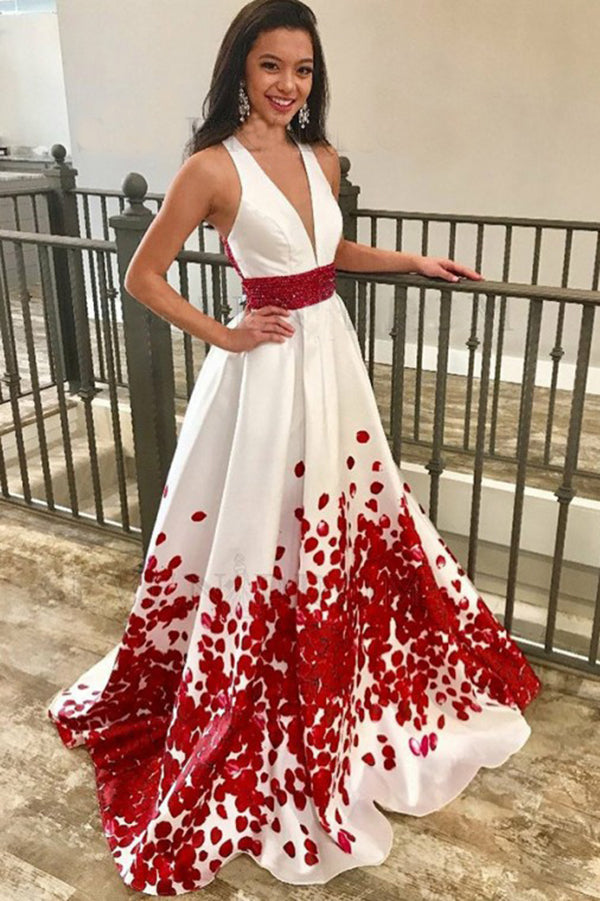 A Line Deep V-Neck Floral Satin Prom Dress with Beading Sweep Train Evening Dress N1234