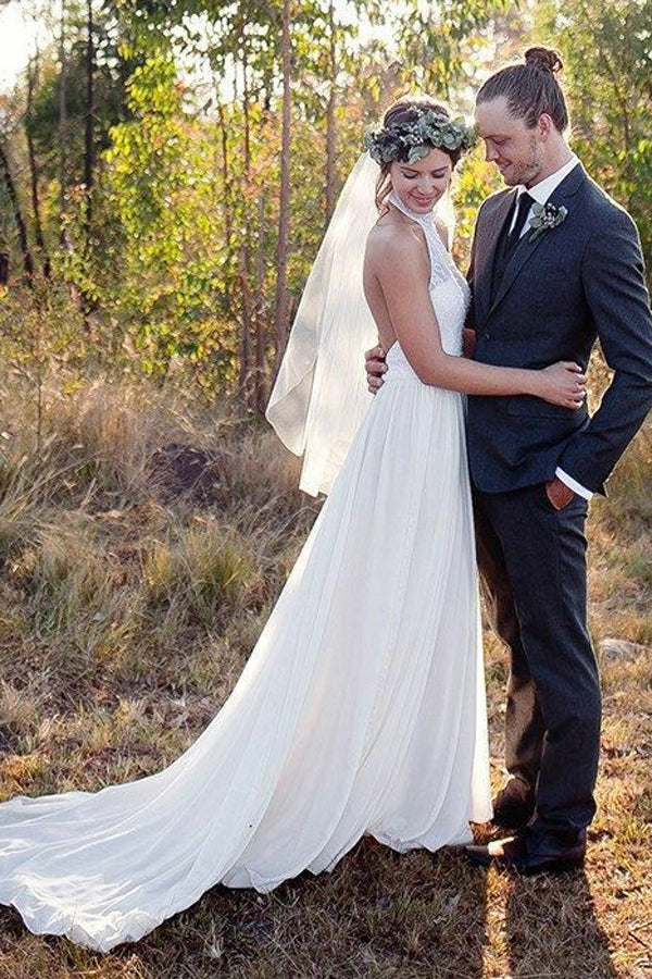Fashion A-line Halter Sleeveless Backless Chiffon Beach Wedding Dress with Lace,N615