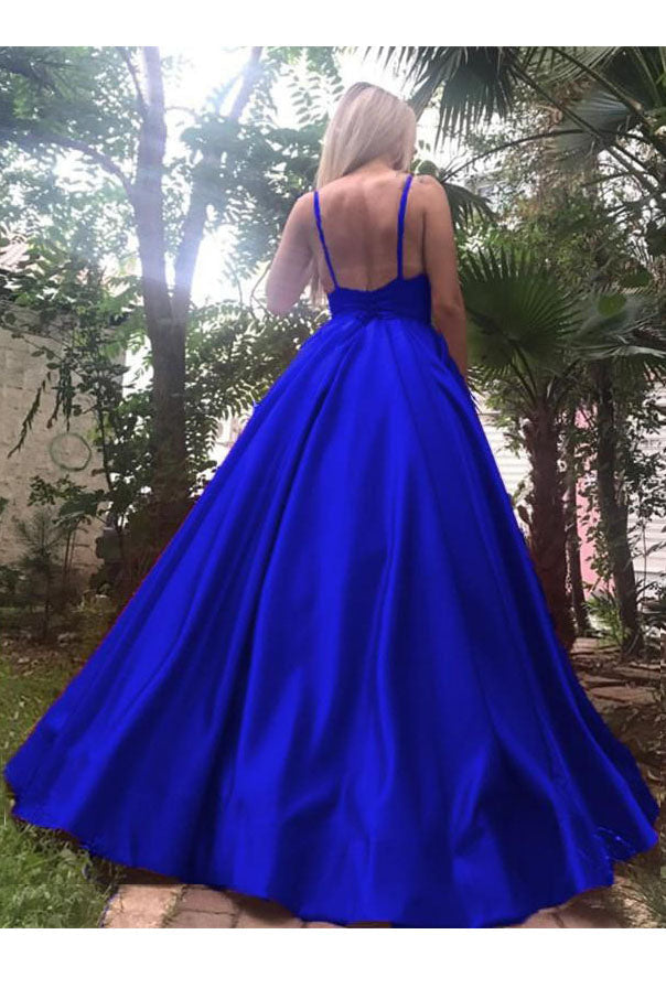 A Line Royal Blue Spaghetti Straps Satin Prom Dress with Pleats N729