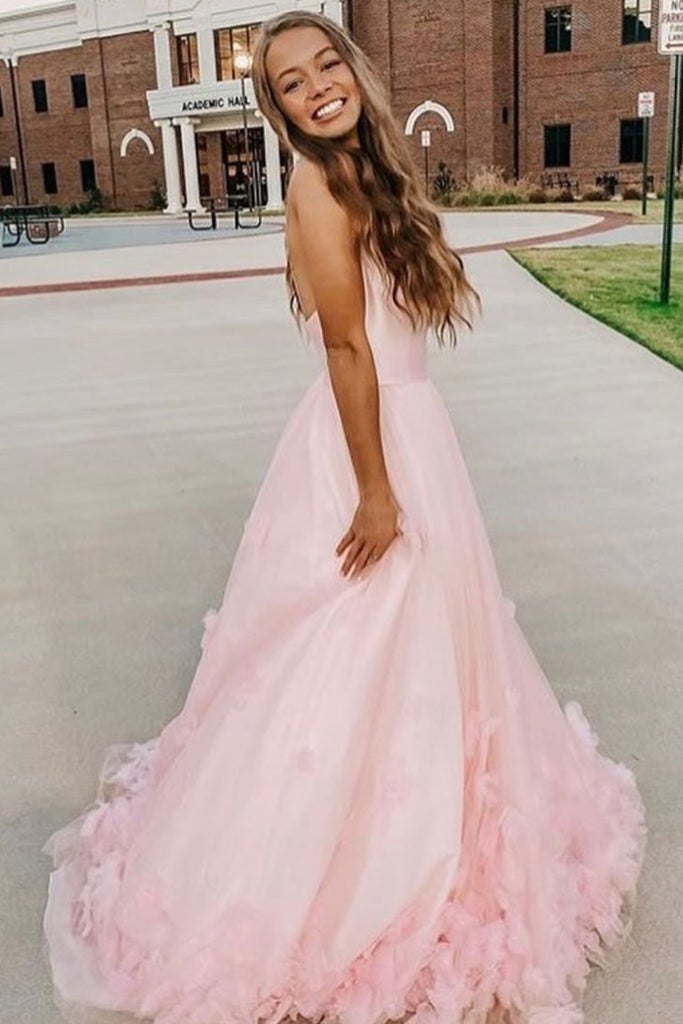 A-Line Pink 3D Flowers Formal Evening Dresses Tulle Long Prom Dresses with Straps