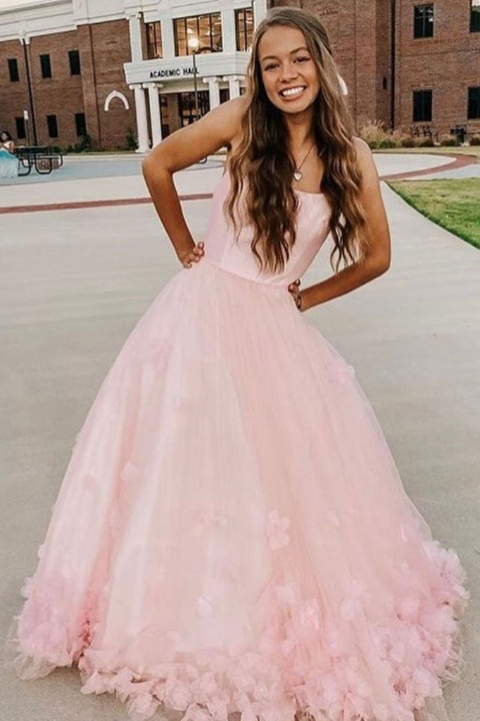 A-Line Pink 3D Flowers Formal Evening Dresses Tulle Long Prom Dresses with Straps