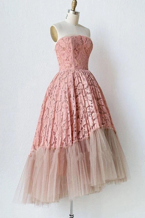 Pink Lace Strapless Tulle Short Prom Dresses Unique Tulle Homecoming Dresses N1991